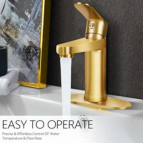 SOKA Brass Bathroom Faucet Brushed Gold Bathroom Sink Faucet Gold with Pop-up Sink Drain Stopper & Deck Plate 1 or 3 Hole Bathroom Faucet Single Handle Bathroom Faucet Single Hole RV Bathroom Faucet