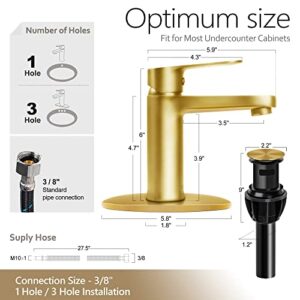 SOKA Brass Bathroom Faucet Brushed Gold Bathroom Sink Faucet Gold with Pop-up Sink Drain Stopper & Deck Plate 1 or 3 Hole Bathroom Faucet Single Handle Bathroom Faucet Single Hole RV Bathroom Faucet