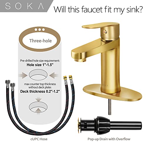 SOKA Brass Bathroom Faucet Brushed Gold Bathroom Sink Faucet Gold with Pop-up Sink Drain Stopper & Deck Plate 1 or 3 Hole Bathroom Faucet Single Handle Bathroom Faucet Single Hole RV Bathroom Faucet