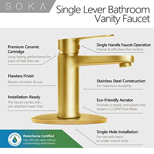 SOKA Brass Bathroom Faucet Brushed Gold Bathroom Sink Faucet Gold with Pop-up Sink Drain Stopper & Deck Plate 1 or 3 Hole Bathroom Faucet Single Handle Bathroom Faucet Single Hole RV Bathroom Faucet