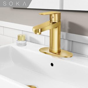 SOKA Brass Bathroom Faucet Brushed Gold Bathroom Sink Faucet Gold with Pop-up Sink Drain Stopper & Deck Plate 1 or 3 Hole Bathroom Faucet Single Handle Bathroom Faucet Single Hole RV Bathroom Faucet