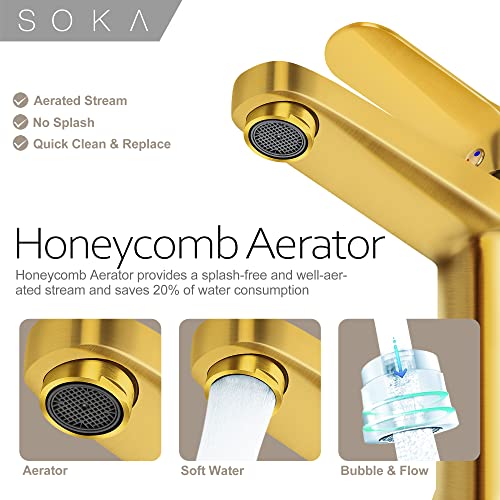 SOKA Brass Bathroom Faucet Brushed Gold Bathroom Sink Faucet Gold with Pop-up Sink Drain Stopper & Deck Plate 1 or 3 Hole Bathroom Faucet Single Handle Bathroom Faucet Single Hole RV Bathroom Faucet