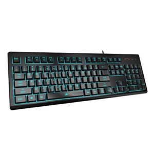 powzan light up quiet gaming keyboard - membrane silent wired keyboard with low profile lighted key for computer, windows pc gamer - full size, black