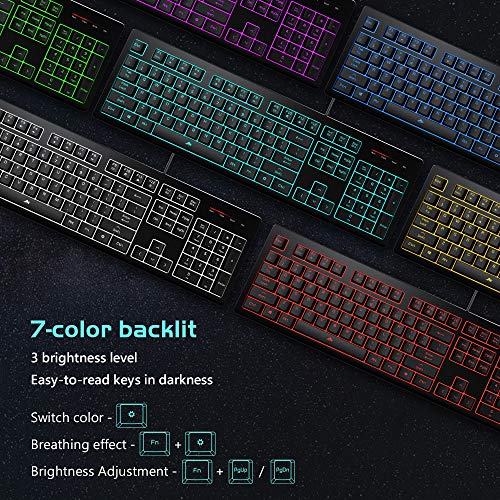 POWZAN Light Up Quiet Gaming Keyboard - Membrane Silent Wired Keyboard with Low Profile Lighted Key for Computer, Windows PC Gamer - Full Size, Black