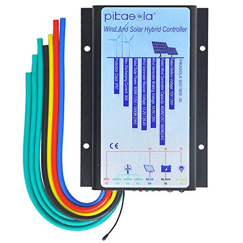 Pikasola Hybrid Wind Controller and Solar Controller for 12V/24V Battery Auto, 30A Hybrid Charge Controller for Off Grid Max 800W Wind Turbine Charge and 1000W Solar Panel with MCT Charging Function.