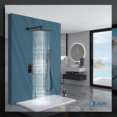 Aolemi Matte Black 10 Inch Rainfall Shower System Shower Head Combo Set with Handheld Shower Rough-In Valve Included Bathroom Shower Wall Mount Mixer Faucet