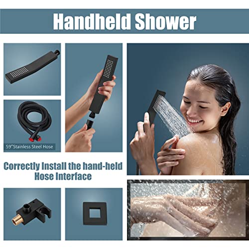 Aolemi Matte Black 10 Inch Rainfall Shower System Shower Head Combo Set with Handheld Shower Rough-In Valve Included Bathroom Shower Wall Mount Mixer Faucet