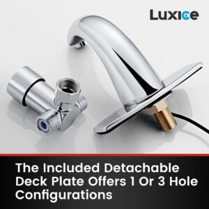 Luxice Automatic Touchless Bathroom Sink Faucet with Hole Cover Plate, AC/DC Powered Sensor Hands Free Bathroom Tap with Control Box and Temperature Mixer, Battery or Plug-in Sensor, Chrome Finished