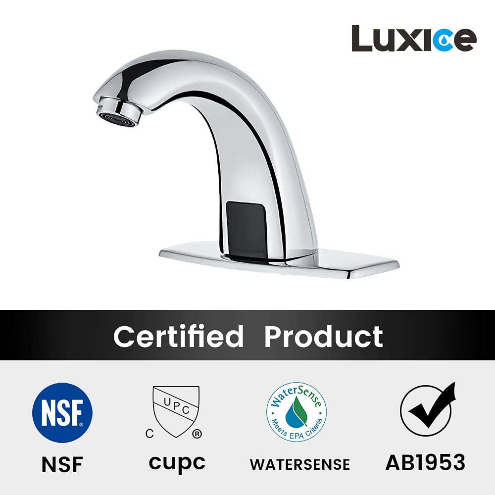 Luxice Automatic Touchless Bathroom Sink Faucet with Hole Cover Plate, AC/DC Powered Sensor Hands Free Bathroom Tap with Control Box and Temperature Mixer, Battery or Plug-in Sensor, Chrome Finished