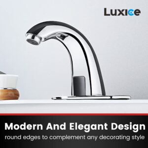 Luxice Automatic Touchless Bathroom Sink Faucet with Hole Cover Plate, AC/DC Powered Sensor Hands Free Bathroom Tap with Control Box and Temperature Mixer, Battery or Plug-in Sensor, Chrome Finished