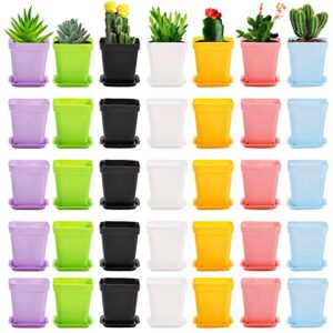 hedume 70 pack mini plastic flower seedling nursery pot with pallet, 3" colorful square plant pot, indoor outdoor flower plant container, decor for room, garden, office and balcony (7 colors)