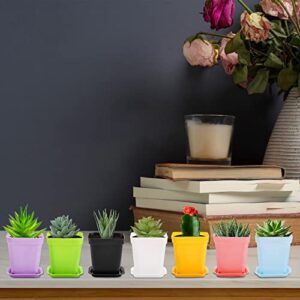 Hedume 70 Pack Mini Plastic Flower Seedling Nursery Pot with Pallet, 3" Colorful Square Plant Pot, Indoor Outdoor Flower Plant Container, Decor for Room, Garden, Office and Balcony (7 Colors)