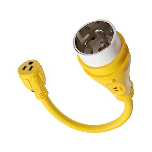 Marvine Cable Shore Power Cord Adapter 1.5FT Dogbone 125V 50 Amp NEMA SS1-50P Twist Lock to NEMA 5-15R 125V 15 Amp Female Household Appliance STW AWG10/3 Pigtail with LED Power Indicator