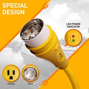 Marvine Cable Shore Power Cord Adapter 1.5FT Dogbone 125V 50 Amp NEMA SS1-50P Twist Lock to NEMA 5-15R 125V 15 Amp Female Household Appliance STW AWG10/3 Pigtail with LED Power Indicator