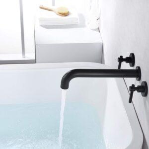 Wall Mount Tub Filler Matte Black Tub Faucet High Flow Two Handles Solid Brass, Long Spout Reach, sumerain