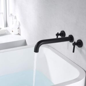 Wall Mount Tub Filler Matte Black Tub Faucet High Flow Two Handles Solid Brass, Long Spout Reach, sumerain