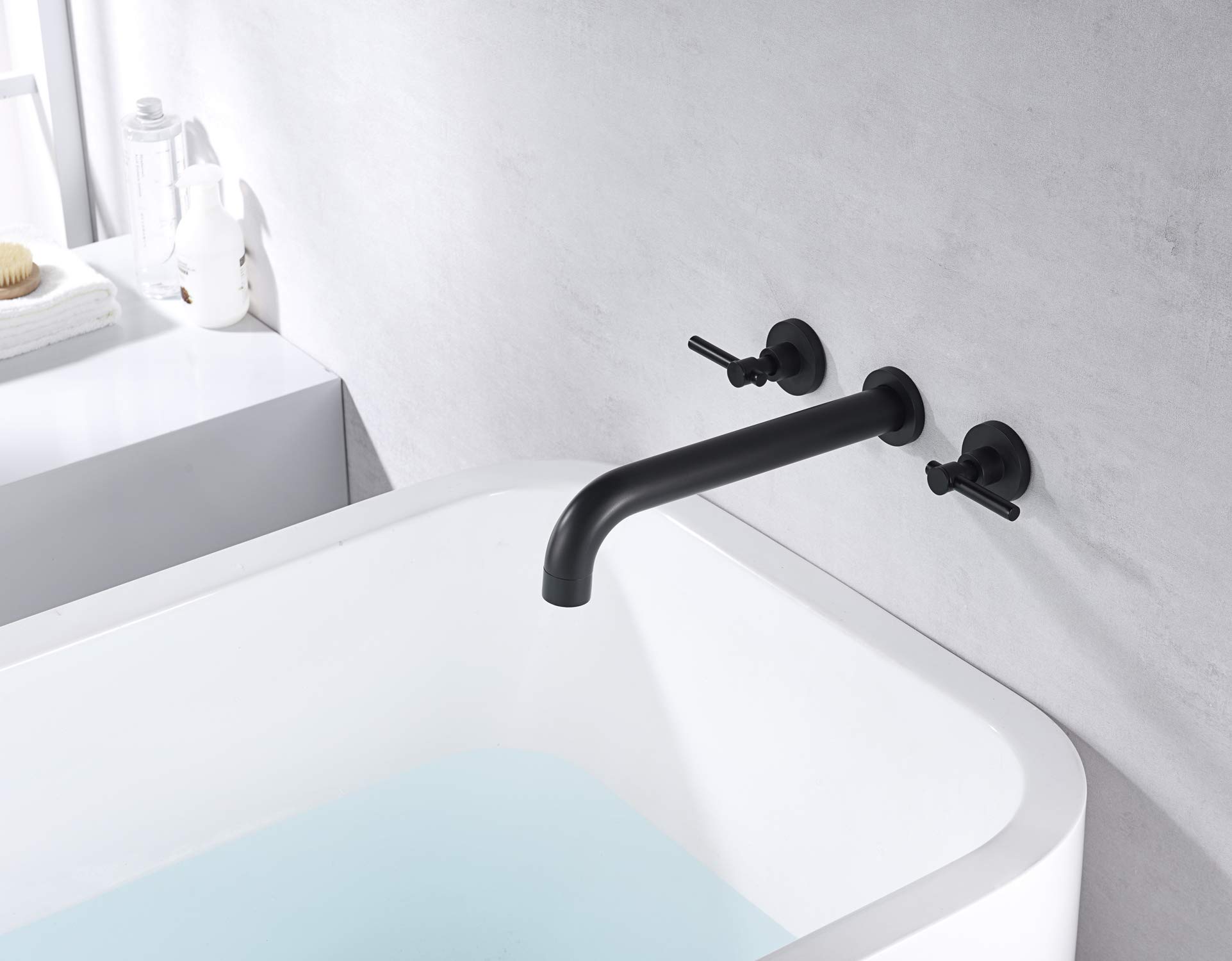 Wall Mount Tub Filler Matte Black Tub Faucet High Flow Two Handles Solid Brass, Long Spout Reach, sumerain