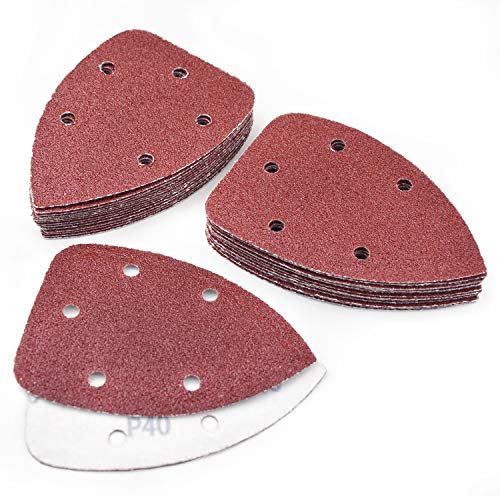 Detail Sander Sandpaper 30Pcs 5-Hole 40 Grit Aluminum Oxide Mouse Sanding Pad Hook & Loop Mouse Detail Sander Pads for Wood Furniture, Extra Coarse Triangle Sand Paper for 140mm Palm Sanding Machine