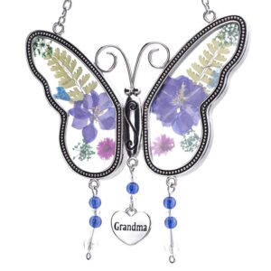 laraine butterfly suncatcher with pressed colourful flower wings mom mother's day butterfly glass wind chime ornament charm with metal heart gifts for mom grandma birthday (purple grandma)