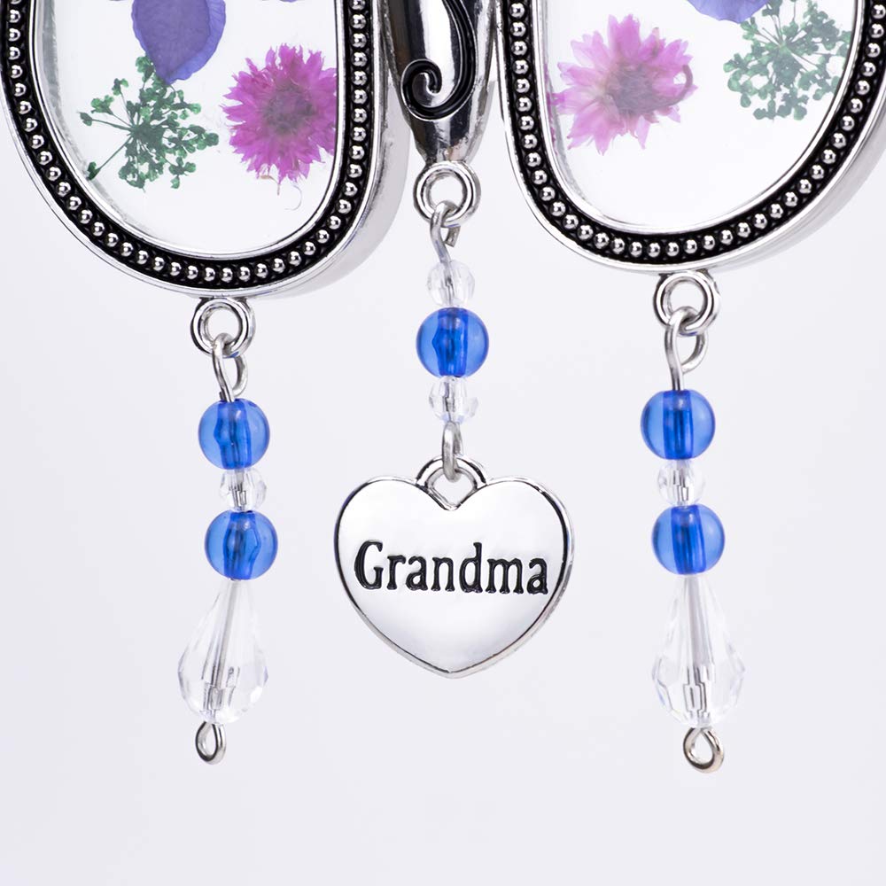 Laraine Butterfly Suncatcher with Pressed Colourful Flower Wings Mom Mother's Day Butterfly Glass Wind Chime Ornament Charm with Metal Heart Gifts for Mom Grandma Birthday (Purple Grandma)