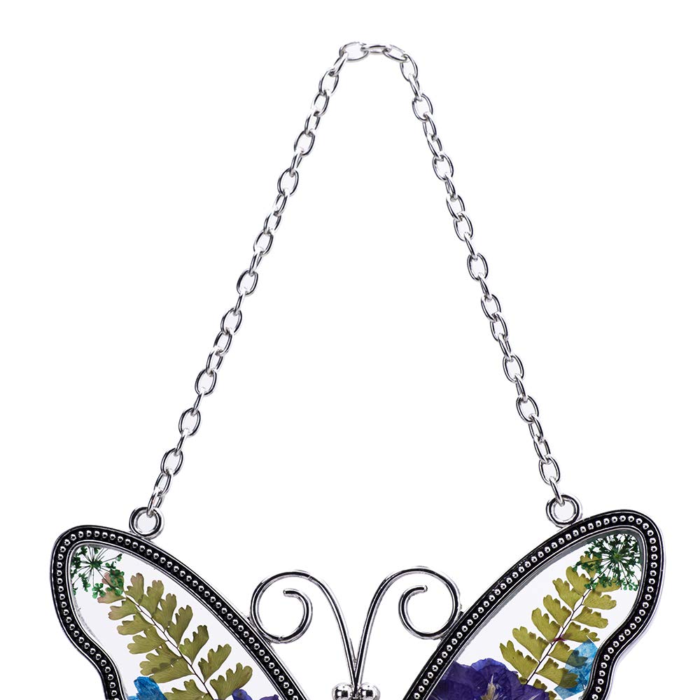 Laraine Butterfly Suncatcher with Pressed Colourful Flower Wings Mom Mother's Day Butterfly Glass Wind Chime Ornament Charm with Metal Heart Gifts for Mom Grandma Birthday (Purple Grandma)