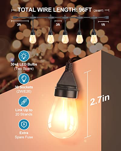 Lightdot 96FT (2x48FT) Outdoor String Lights, Shatterproof Dimmable LED Bulbs String Patio Lights, Outside Lights for Patio, Patio String Lights for Backyard Cafe Bistro Gazebo - ETL Listed