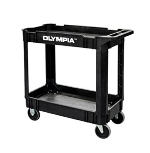 olympia tools 2-shelf plastic utility cart, heavy duty, supports up to 500 lbs, ergonomic handle, great for warehouse, garage, manufacturing, cleaning