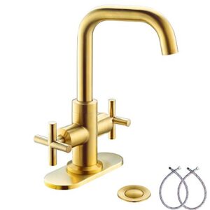phiestina brushed gold 2-handle 4 inch centerset bathroom faucet with drain,deck plate and supply hoses, fit for 1 or 3 hole, sgf002-10-bg