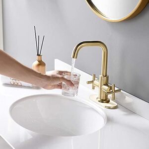 Phiestina Brushed Gold 2-Handle 4 Inch Centerset Bathroom Faucet with Drain,Deck Plate and Supply Hoses, Fit for 1 or 3 Hole, SGF002-10-BG