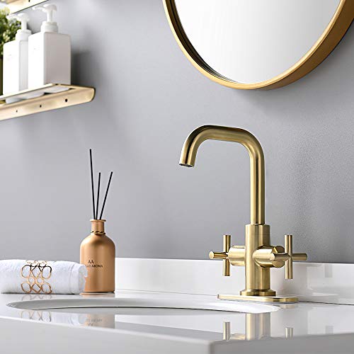 Phiestina Brushed Gold 2-Handle 4 Inch Centerset Bathroom Faucet with Drain,Deck Plate and Supply Hoses, Fit for 1 or 3 Hole, SGF002-10-BG