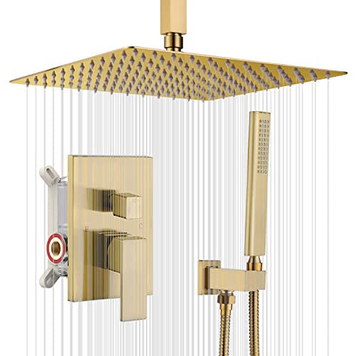 Iriber Champagne Bronze Ceiling Mount Rain Shower System with 12 Inch Shower Head and Handheld Bathroom Brushed Golden Shower Set Contain Shower Faucet Mixer Brush Gold Trim Kit (Valve Included)