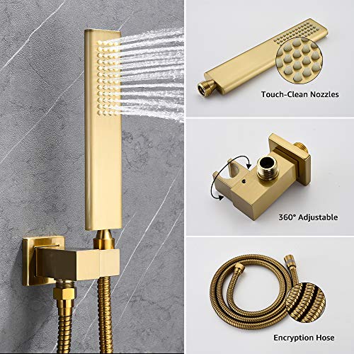 Iriber Champagne Bronze Ceiling Mount Rain Shower System with 12 Inch Shower Head and Handheld Bathroom Brushed Golden Shower Set Contain Shower Faucet Mixer Brush Gold Trim Kit (Valve Included)