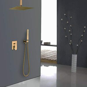 Iriber Champagne Bronze Ceiling Mount Rain Shower System with 12 Inch Shower Head and Handheld Bathroom Brushed Golden Shower Set Contain Shower Faucet Mixer Brush Gold Trim Kit (Valve Included)