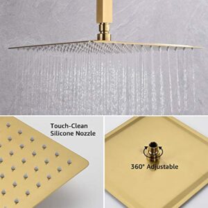 Iriber Champagne Bronze Ceiling Mount Rain Shower System with 12 Inch Shower Head and Handheld Bathroom Brushed Golden Shower Set Contain Shower Faucet Mixer Brush Gold Trim Kit (Valve Included)