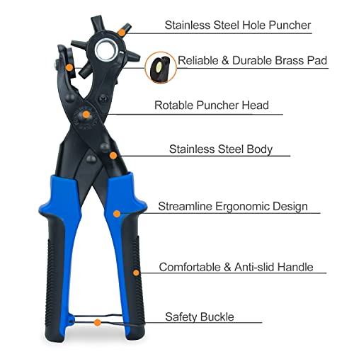 PeoTRIOL Belt Hole Punch, Heavy Duty Hole Punch, Leather Hole Puncher, Oval Hole Punch, Durable Watch Band Strap Shoe Hole Punching Tool Round Packed with a Ruler, Brass Pad, Screwdriver, Grinding Rod