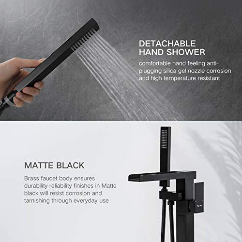 TapLong Freestanding Bathtub Faucet Tub Waterfall Filler Floor Mount Bathroom Faucets Brass Single Handle with Hand Shower High Flow Rate Max 6 GPM (Matte Black)