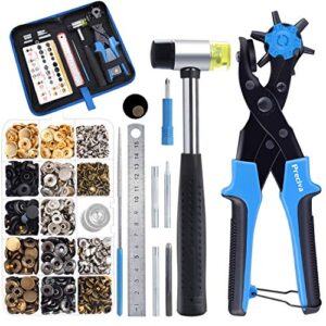 preciva hole punch plier set, revolving punch hole tool kit with punch plier, ruler, grinding rod, plastic hammer,240pcs leather double cap rivets and 100pcs leather snap fasteners