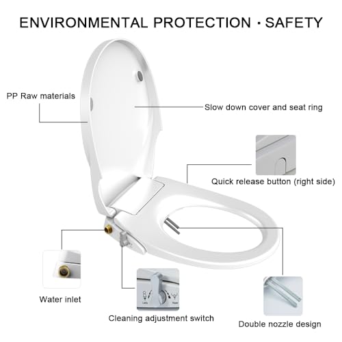 Toilet Seat Bidet Seat with Self Cleaning Dual Nozzles Non electric Separated Rear & Feminine Cleaning Natural Water Spray, soft close toilet seat,Easy DIY Installation