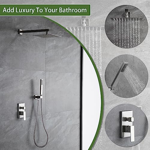 TapLong Brushed Nickel bathroom Luxury Shower System Wall Mounted Shower Faucet Set With High Pressure 10” Square Rain Shower Head and Handheld Shower Head(Rough-In Valve Body and Trim Include)