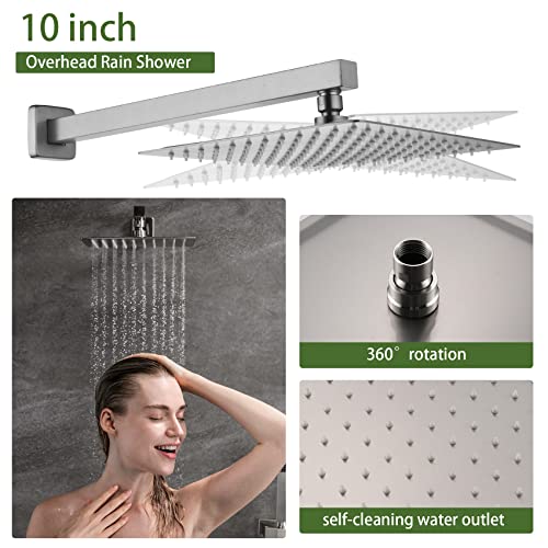 TapLong Brushed Nickel bathroom Luxury Shower System Wall Mounted Shower Faucet Set With High Pressure 10” Square Rain Shower Head and Handheld Shower Head(Rough-In Valve Body and Trim Include)