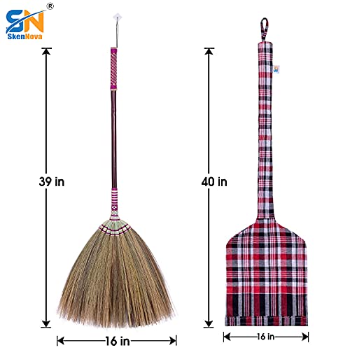 SKENNOVA - Thai Vintage Retro Grass Broom Stick, Long Handle Hand Grip The Reed Tree with Grass Durable Broom Housewarming Gifts Asian Broom 40 inch (Bamboo, 39 inch Tall)