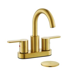 timearrow brushed gold 2 handle centerset bathroom sink faucet with drain assembly, high arc modern 4 inch bathroom vanity lavatory faucet 3 holes with brass 360° swivel spout, taf067e-pb
