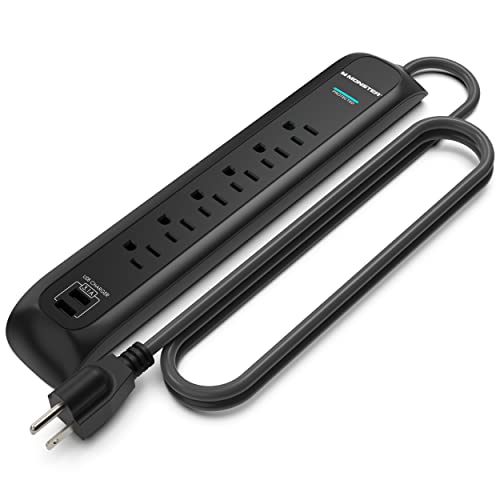 Monster 6ft Heavy Duty Black Power Strip and Tower Surge Protector, 1200 Joule Rating, 6 120V-Outlets, and 2 USB-A Ports- Ideal for Computers, Home Theatre, Home Appliances, and Office Equipment