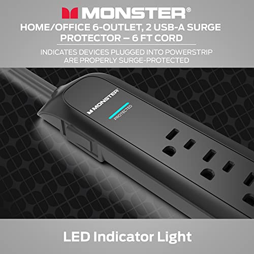 Monster 6ft Heavy Duty Black Power Strip and Tower Surge Protector, 1200 Joule Rating, 6 120V-Outlets, and 2 USB-A Ports- Ideal for Computers, Home Theatre, Home Appliances, and Office Equipment