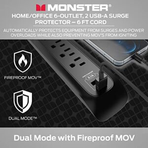 Monster 6ft Heavy Duty Black Power Strip and Tower Surge Protector, 1200 Joule Rating, 6 120V-Outlets, and 2 USB-A Ports- Ideal for Computers, Home Theatre, Home Appliances, and Office Equipment