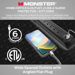 Monster 6ft Heavy Duty Black Power Strip and Tower Surge Protector, 1200 Joule Rating, 6 120V-Outlets, and 2 USB-A Ports- Ideal for Computers, Home Theatre, Home Appliances, and Office Equipment