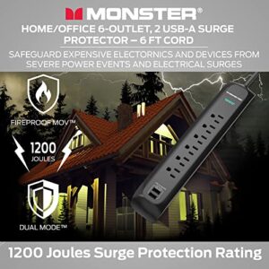 Monster 6ft Heavy Duty Black Power Strip and Tower Surge Protector, 1200 Joule Rating, 6 120V-Outlets, and 2 USB-A Ports- Ideal for Computers, Home Theatre, Home Appliances, and Office Equipment