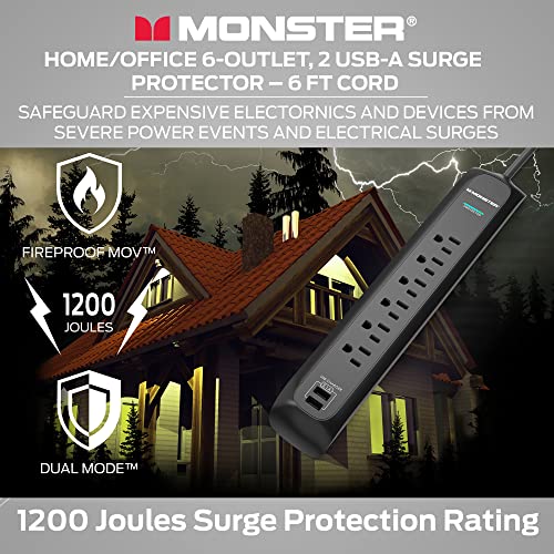 Monster 6ft Heavy Duty Black Power Strip and Tower Surge Protector, 1200 Joule Rating, 6 120V-Outlets, and 2 USB-A Ports- Ideal for Computers, Home Theatre, Home Appliances, and Office Equipment