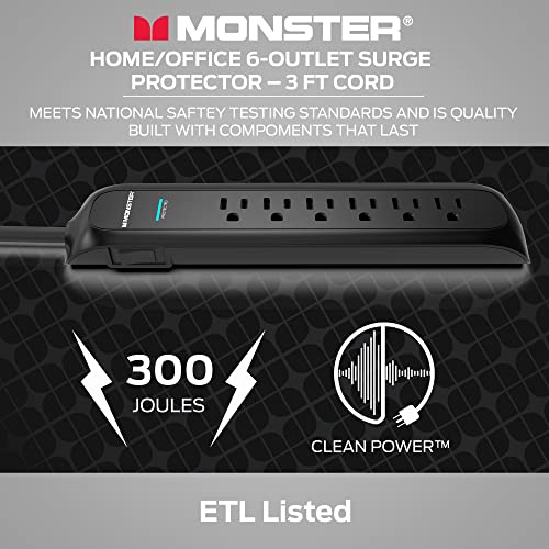 Monster 3ft Black Power Strip and Tower Surge Protector, Heavy Duty Protection, 300 Joule Rating and 6 120V-Outlets - Ideal for Computers, Home Theatre, Home Appliances, and Office Equipment