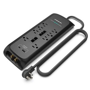 monster black heavy duty surge protector power strip 6 ft cord with 8 120v-outlet extension, 2 ethernet switch ports, 4050j rating, 1 usb-a, and 1 usb-c charging ports – ideal for computers and office